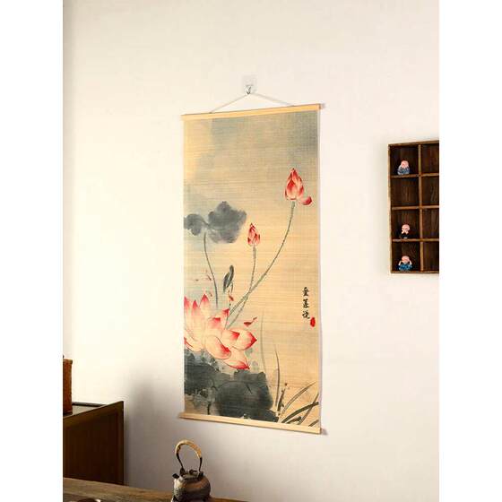 复古印花卷帘子虔诚竹帘片卷轴挂画仕女图茶室壁画背景玄关装饰画