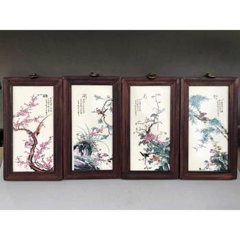 Collection of antiques, retro miscellaneous handicrafts, mahogany inlays, plum orchid, bamboo and chrysanthemum porcelain plate paintings, four screen hangings