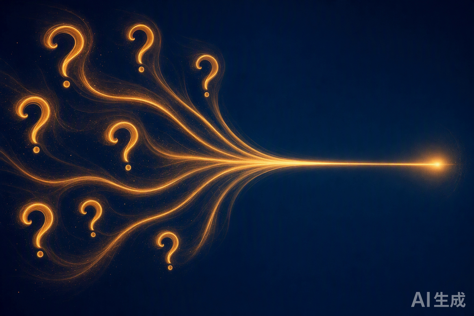 Multiple question marks converging into a beam of light