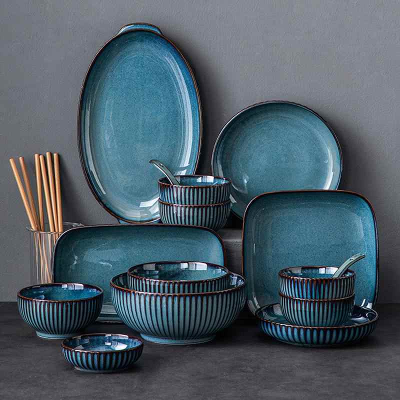 New Blue Kiln-Glazed Tableware Japanese Retro Ceramic Shallow Plate Rice Bowl Soup Bowl Household Dish Plate Noodle Plate Set New Blue Kiln-Glazed Tableware Japanese Retro Ceramic Shallow Plate Rice Bowl Soup Bowl Household Dish Plate Noodle Plate Set