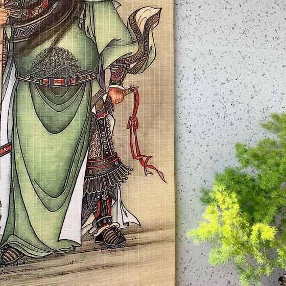 新中式竹帘窗帘卷帘茶室背景印花装饰隔断关公关羽民宿挂画门帘子