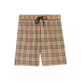 男款 Burberry 格纹格子抽绳收紧带涤纶休闲短裤 博柏利 驼色 经典