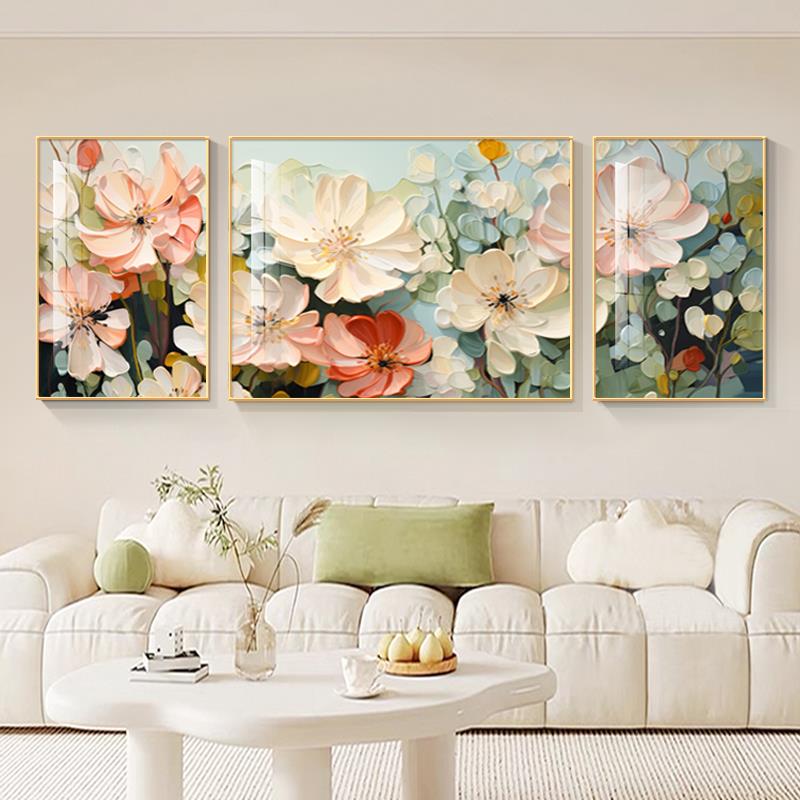 Dafen Oil Painting Village Cream Style Living Room Decorative Painting Blossoming Flowers Floral Sofa Background Wall Warm Triptych Painting