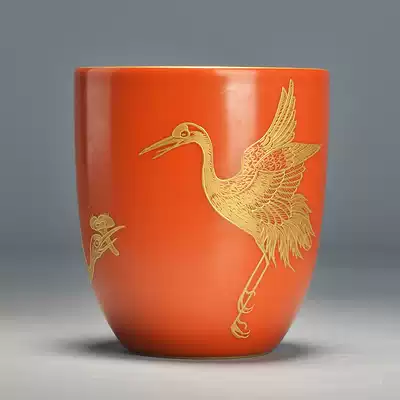 The collection of Grade value tea ware coral red land 24k gold painting Crane pattern smell Cup Master Cup kung fu tea set