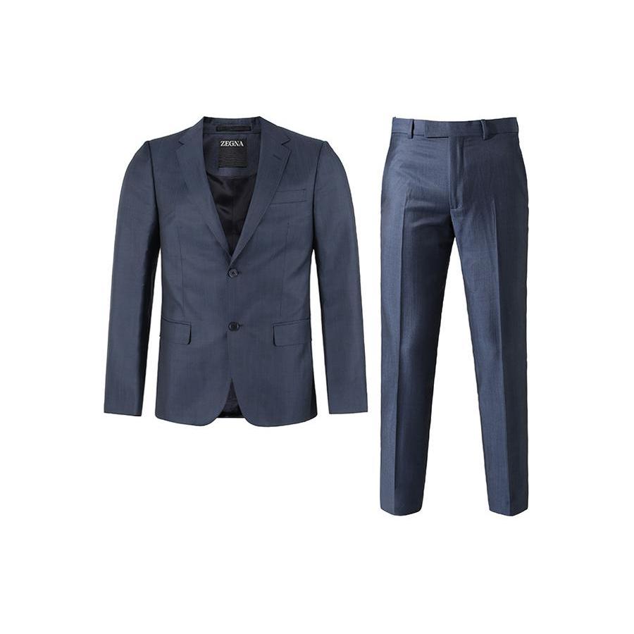 Zegna SS24 纯色翻领单排扣西装套装 男款 深蓝色