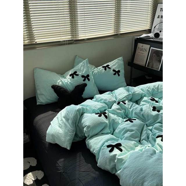 Girl Ins Fresh Blue Black Bow Towel Embroidered Washing Cotton Four-Piece Set Bed Sheet 1.8 Quilt Set Three-Piece Set