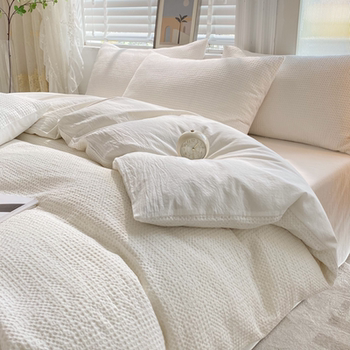Summer korean version of waffle bed four-piece set ice silk wash cotton sheet quilt cover high-end nantong home textile student three