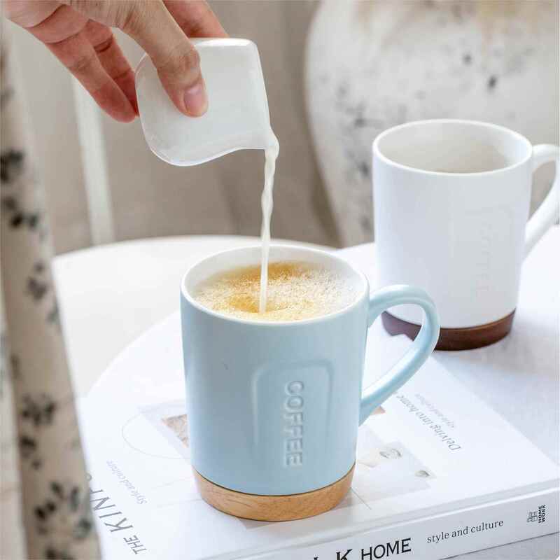 Modern Minimalist Office Coffee Cup with Wooden Base, Ceramic Embossed Cup, High Aesthetic Value Mug, Exquisite Home Drinking Cup