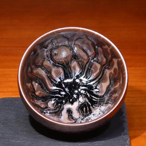 Fujian Jianzhan Tea Cup, Pure Handmade, Obsidian Color Gold Oil Drip Design, Large Size, Unisex Iron Base Tea Cup, Master Cup