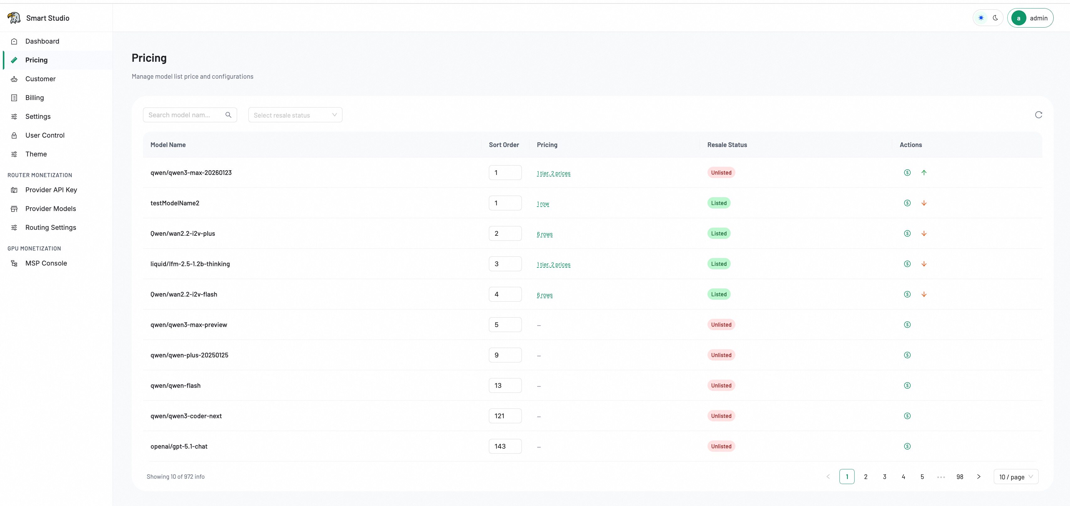 Pricing Management — model pricing table with search, type filter, pricing per million tokens, and resale status controls