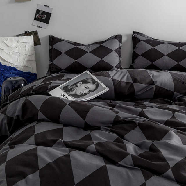 Nordic simple washing cotton bed four-piece set ins style gray diamond 1.5 meters quilt cover bed sheet three-piece set