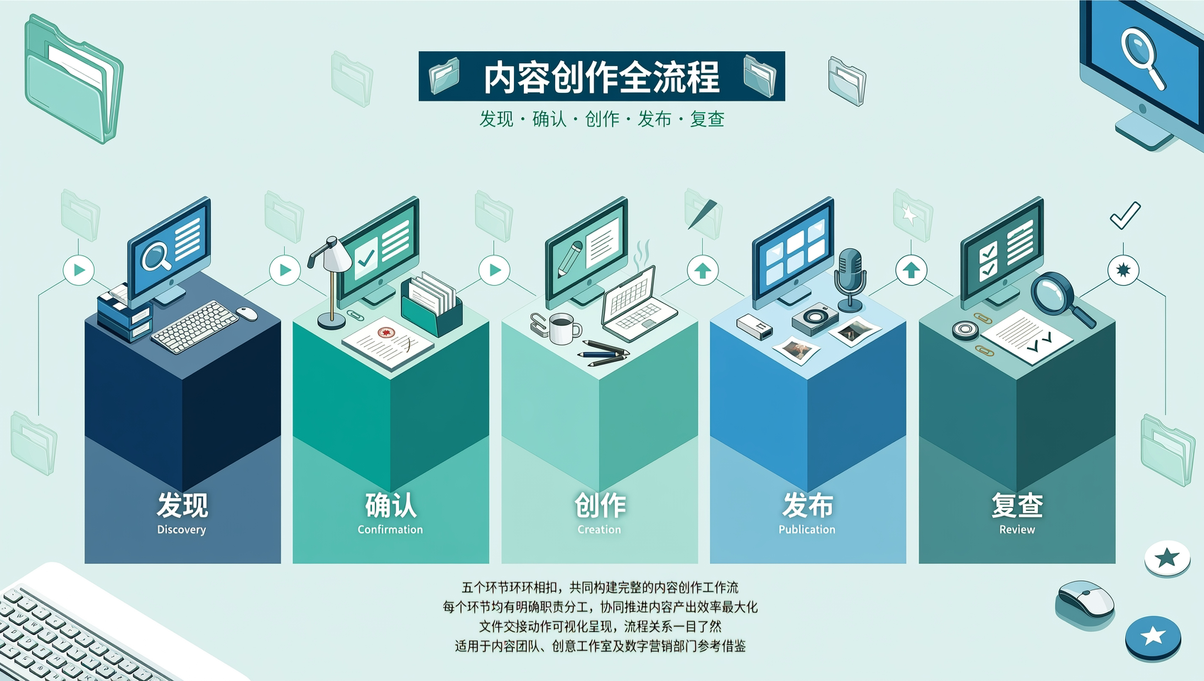 发现、确认、创作、发布与复查五类协作动作示意，具体交接节点见正文