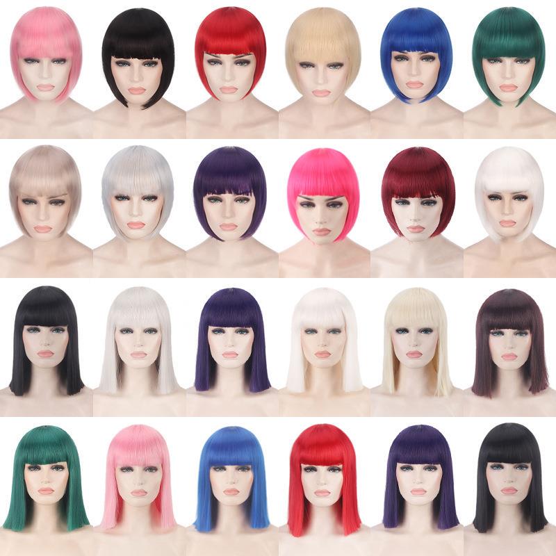 Bobo Style Blue, Green, Gray, Beige, Black, Red, Pink, Full Bangs, Cosplay Nightclub Female Shoulder-Length Bob Straight Short Wig Bobo Style Blue, Green, Gray, Beige, Black, Red, Pink, Full Bangs, Cosplay Nightclub Female Shoulder-Length Bob Straight Short Wig