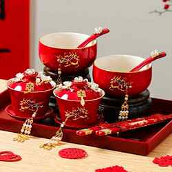 Wedding Bowl and Chopsticks Tea Cup Set Jingdezhen Red Wedding Bowls Pair Wedding Ceremony New Marriage Occasion Dowry Tea Set