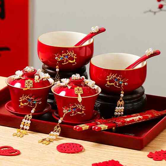 Wedding Bowl and Chopsticks Tea Cup Set Jingdezhen Red Wedding Bowls Pair Wedding Ceremony New Marriage Occasion Dowry Tea Set