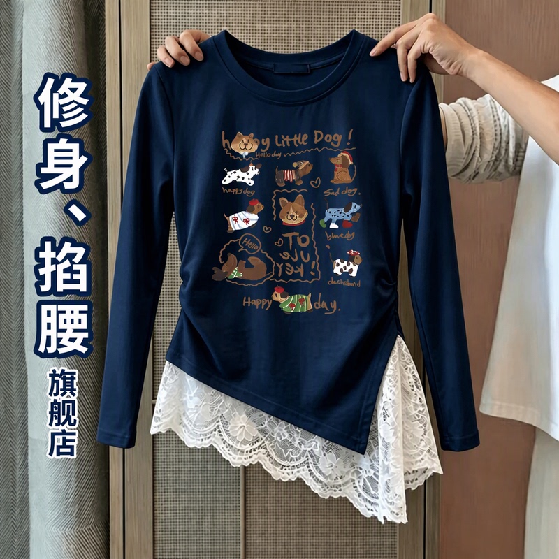 Trendy Autumn Lace Patchwork Round Neck Long Sleeve T-Shirt for Women, Slim Fit Cartoon Print Niche Design Waist-Cinching Top