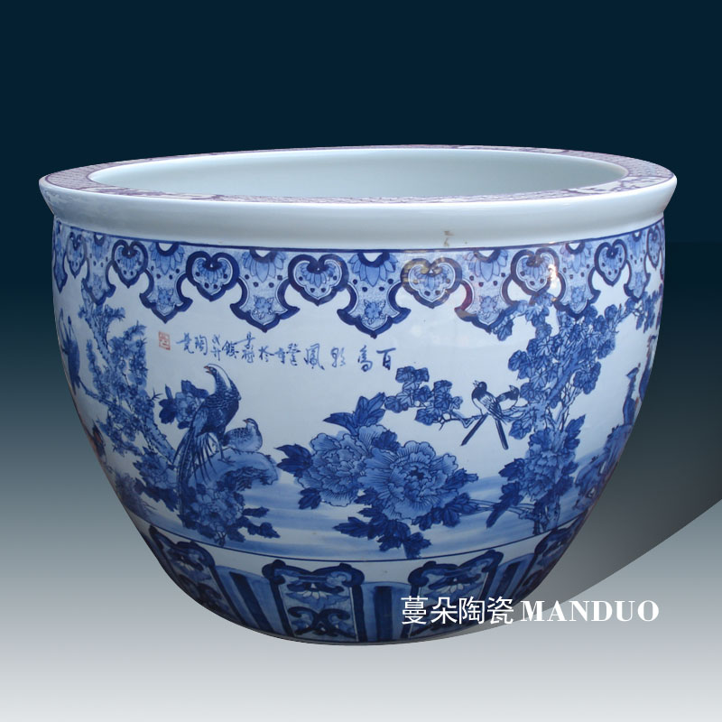 Jingdezhen q blue 80-90 - cm large diameter cylinder flower painting of flowers and birds pay homage to the king of China big courtyard cylinder