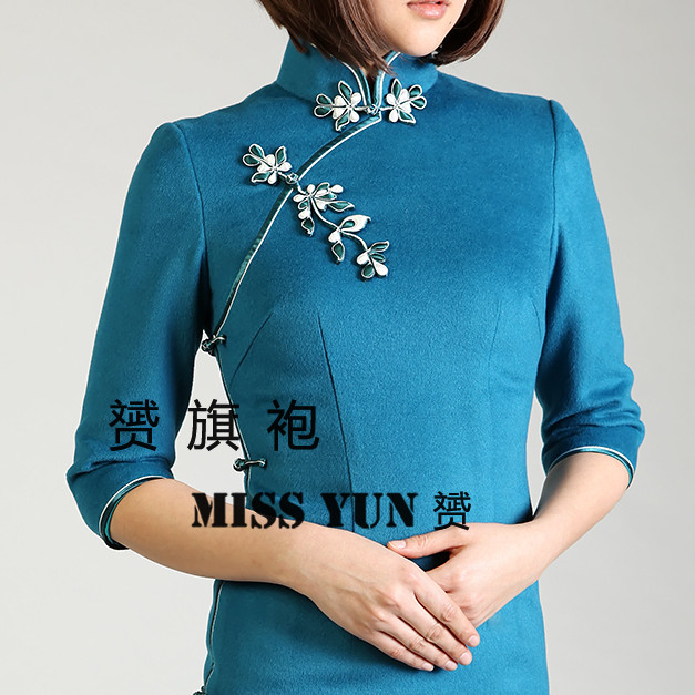 Spring Autumn Winter New Lake Blue Hairy, Hand Pan Flower Button Elegant Retro Fashion Qipao Can Clip Cotton Customize