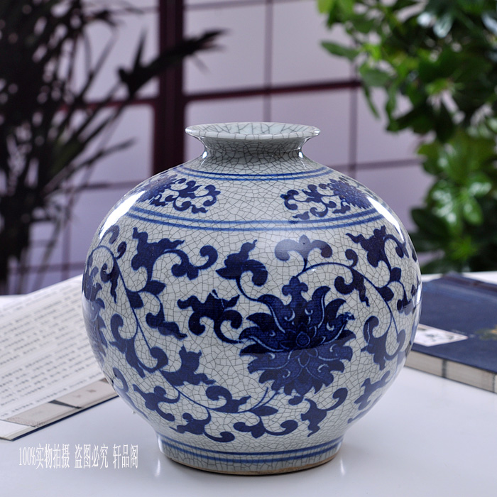 Jingdezhen Ceramics Blue and White Porcelain Antique Official Kiln Crack Glaze Vase Pomegranate Bottle Handicraft Decoration