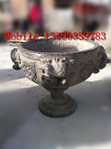Stone carved flower basin stone cylinder blue stone made old fish tank stone tank 050
