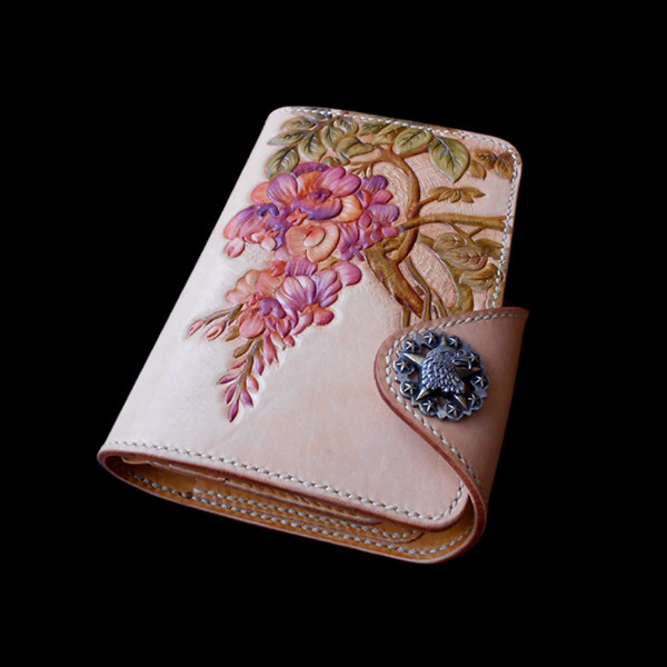 Handmade custom leather gift women's foreskin carved and painted women's wisteria flower clutch bag