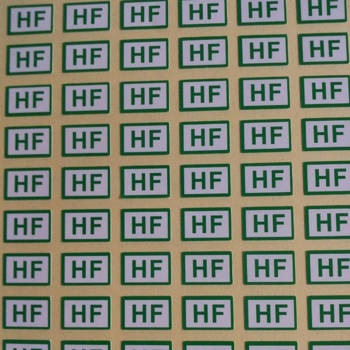 Rectangular environmental protection halogen label 15*10MM green HF adhesive label paper Dongguan printing can be customized