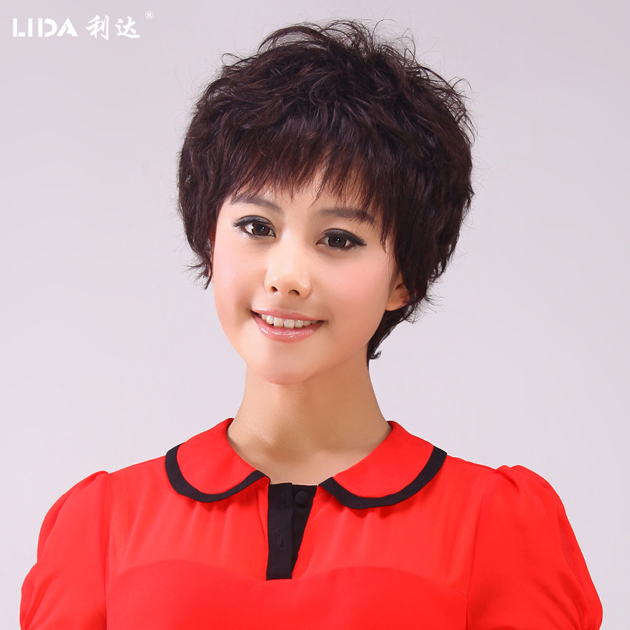 利达真发假发 女 短发女士短卷发 真人发丝中老年假发 妈妈假发套