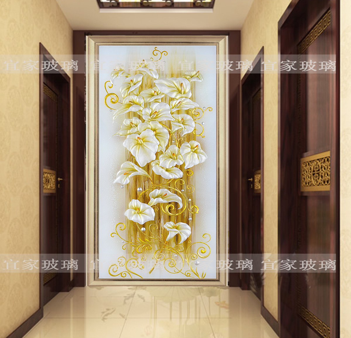 Shanghai art glass porch background wall Jane European modern partition glass porch European style calla lily