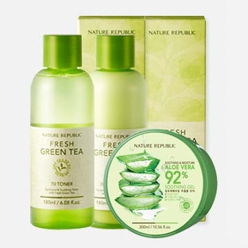 包邮naturerepublic嫩白保湿3件套绿茶水180ml乳180ml芦荟胶300ml