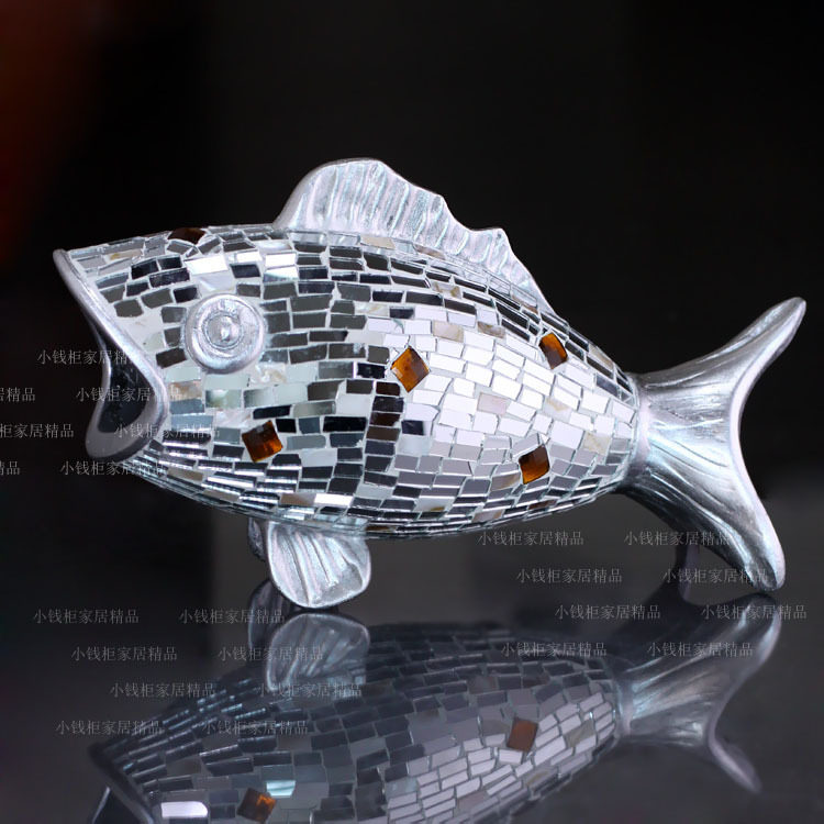 奢靡風情 銀色貝殼水晶玻璃鏡面大魚 擺設
