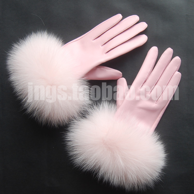 Leather Gloves Female Winter Han Elegant Pink Fox Fur Gloves Cute Leather Grass Gloves Goat Leather Gloves Thickened Warm Women