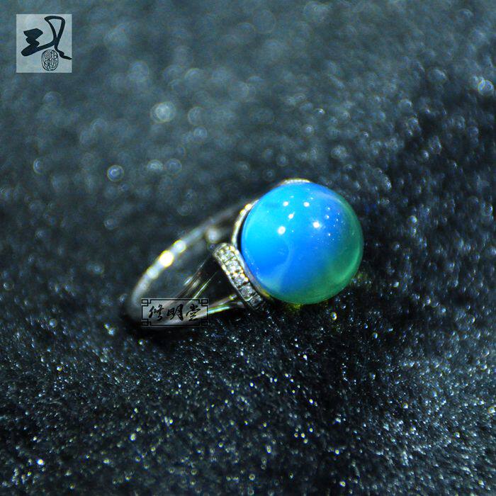 修明堂 天然墨西哥高蓝蓝珀 净水蓝纯银18k镶钻蓝珀戒指 送证书