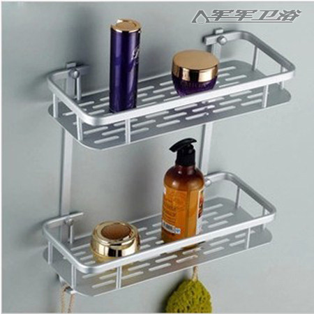 Space aluminum angle blue shelf Bathroom storage blue double layer with hook and rod solid mesh thickened new