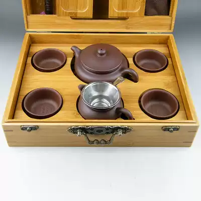 Yixing Purple sand set pot Handmade famous teapot tea set Bamboo and wood tea tray set Antique set pot