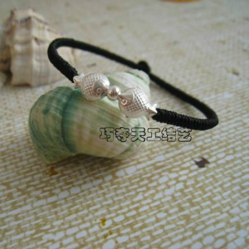 Foot Silver Pure Silver Silver Fish Kiss Fish Double Fish Play Beads Foot Silver Red Rope Bracelet Bracelet for men and women's life