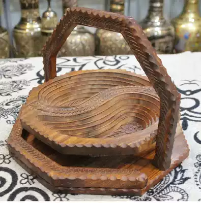 Pakistan wood carving 12 inch walnut dried fruit basket candy box National Handicrafts