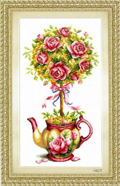 Small House Cross Stitch French DMC Kit - Rose Teapot