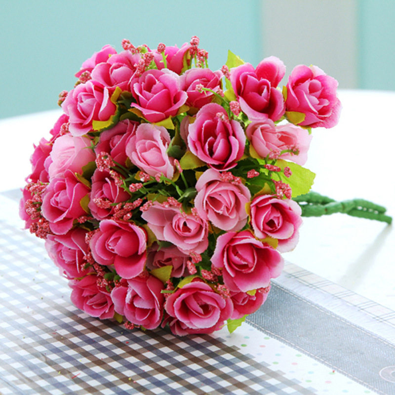 Emulated flower 21 head spring color diamond rose flower fake flower bouquet family residence decoration green planting wedding bride holding flowers