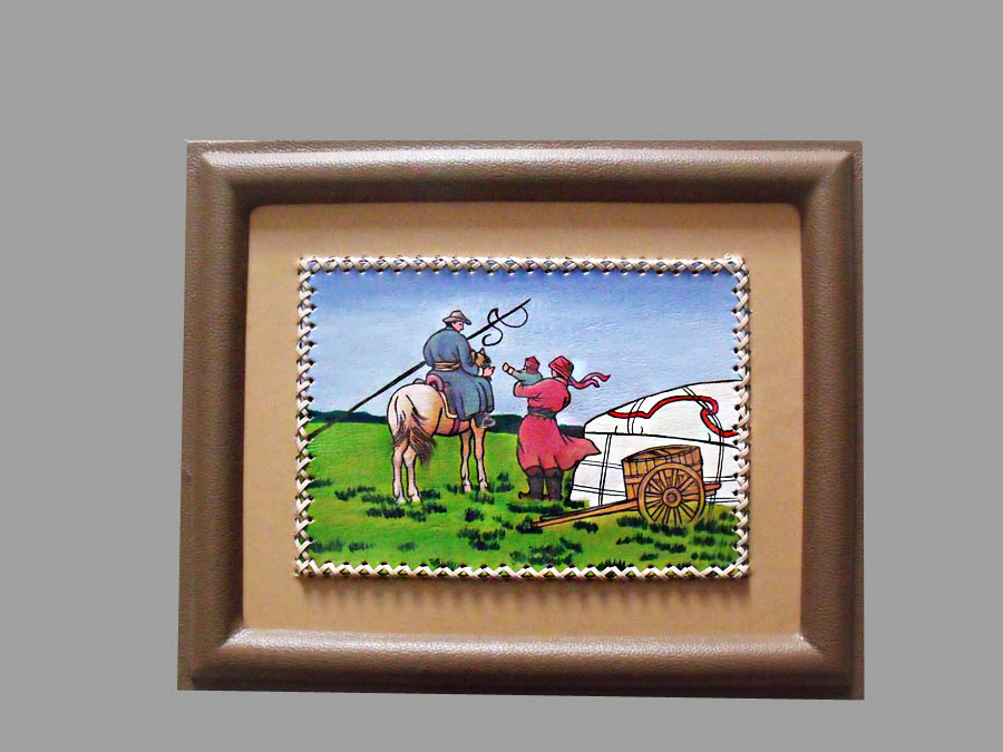 Mongolian craft gifts decoration Mongolian leather painting Mongolian special gift leather handmade 34*42 family of three