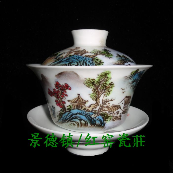 Jingdezhen Cultural Revolution Factory goods porcelain powder color hand-painted landscape such as painting cover bowls Pu'er tea cup cover cups old goods