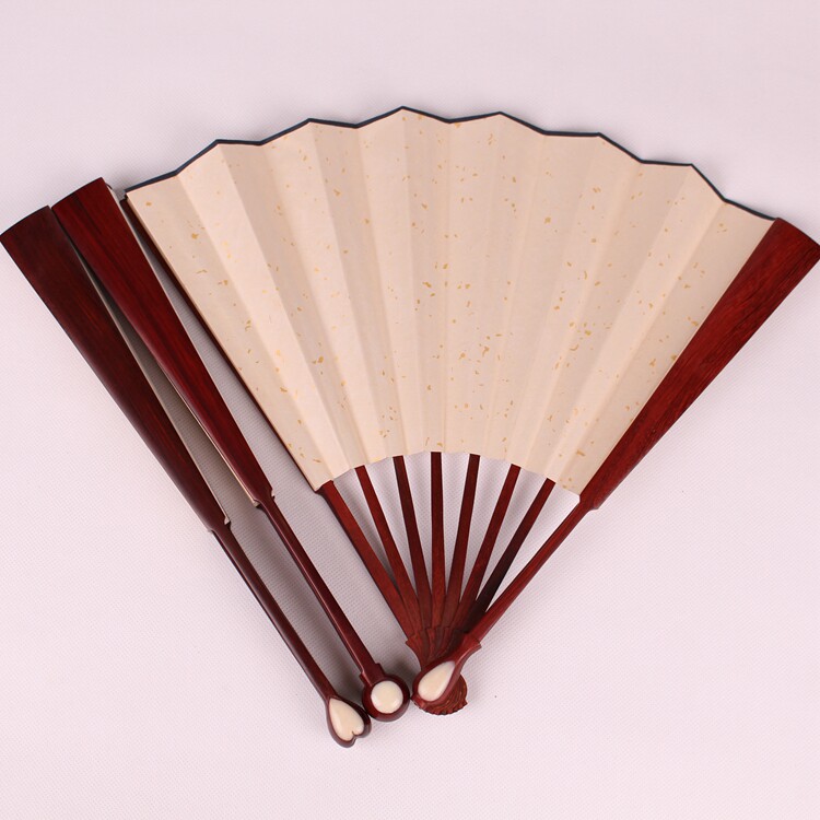One foot full two small leaf red sandalwood fan Suzhou folding fan mahogany bone with rice paper face fan box