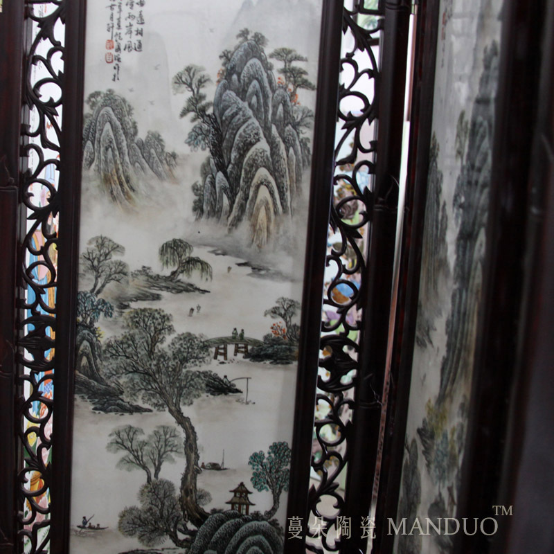Hand - made landscape character double - sided 4 of the general assembly of high - grade solid wood porcelain plate screen big screen hotel club of the big screen