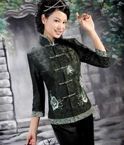 New ink green fragrant cloud yarn Embroidered Flowers Lady Qipao Tang Dress Blouse Long Sleeve Spring Autumn Winter Pinch Cotton