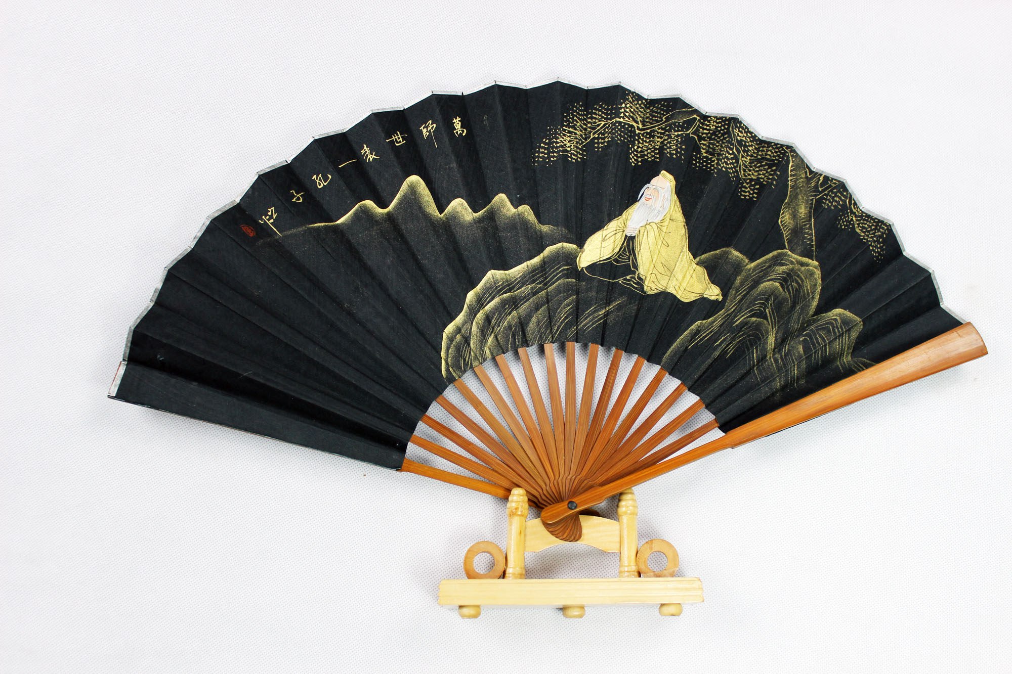 Head green hand-painted gold powder painting boney silk black silk fan hand-painted silk folding fan silk craft male fan