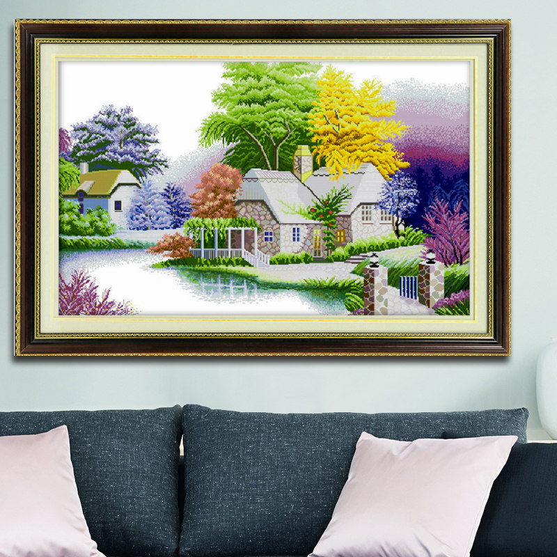 Printed cross-stitch 2020 new line embroidery living room leisurely small living scenery dream water town cottage bedroom oil painting