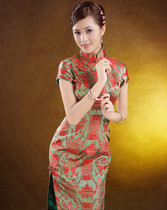 Brocade satin green bottom red double fish bridal cheongsam can be made medium long sleeve custom autumn winter qipao dress