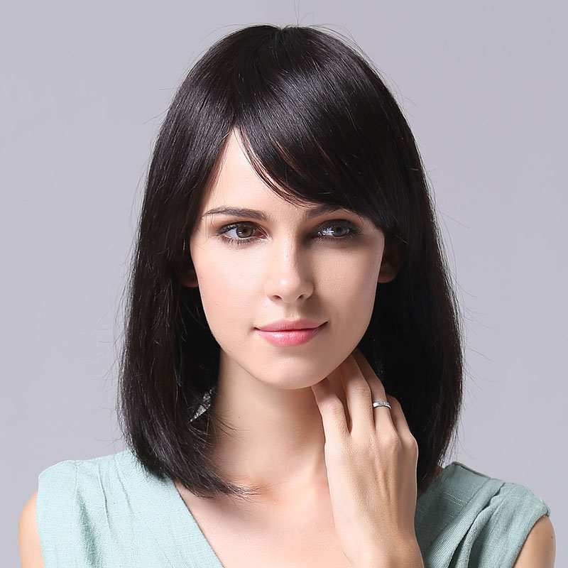 Real hair wig shoulder length women oblique bangs medium long straight hair pear flower headgear full top fake hair V05