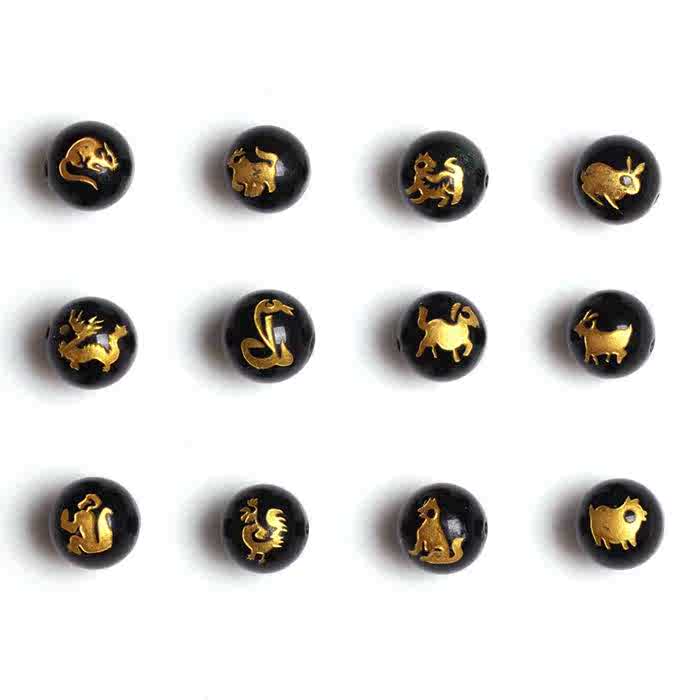 Diy饰品配件材料汉字图案散珠黑玛瑙12生肖散珠圆珠玛瑙半成品