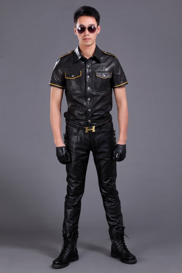 High-end custom genuine leather cow leather short sleeve shirt uniform leather lover Shang pint men's stage game leather man