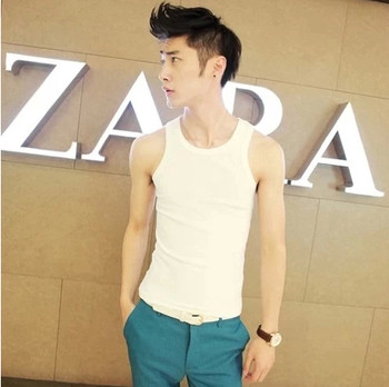 Summer trendy men's vest Korean style slim fit men's round neck solid color cotton sleeveless vest tight sweat sweat vest